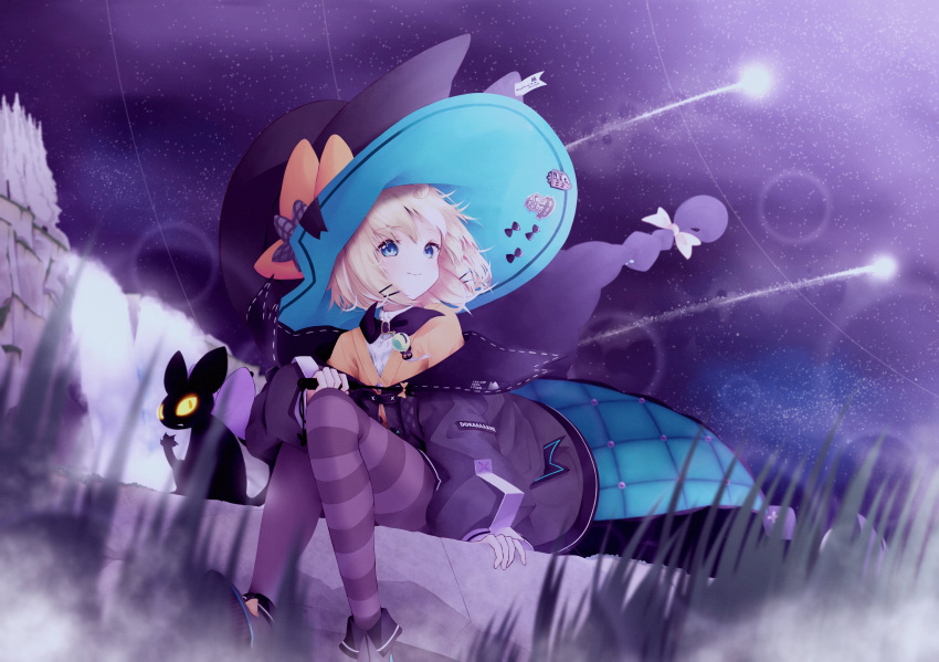 1girl blonde_hair blue_eyes commentary deltapluto hat highres looking_to_the_side millie_parfait night nijisanji nijisanji_en pantyhose rock short_hair sitting sky smile solo star_(sky) starry_sky virtual_youtuber witch_hat