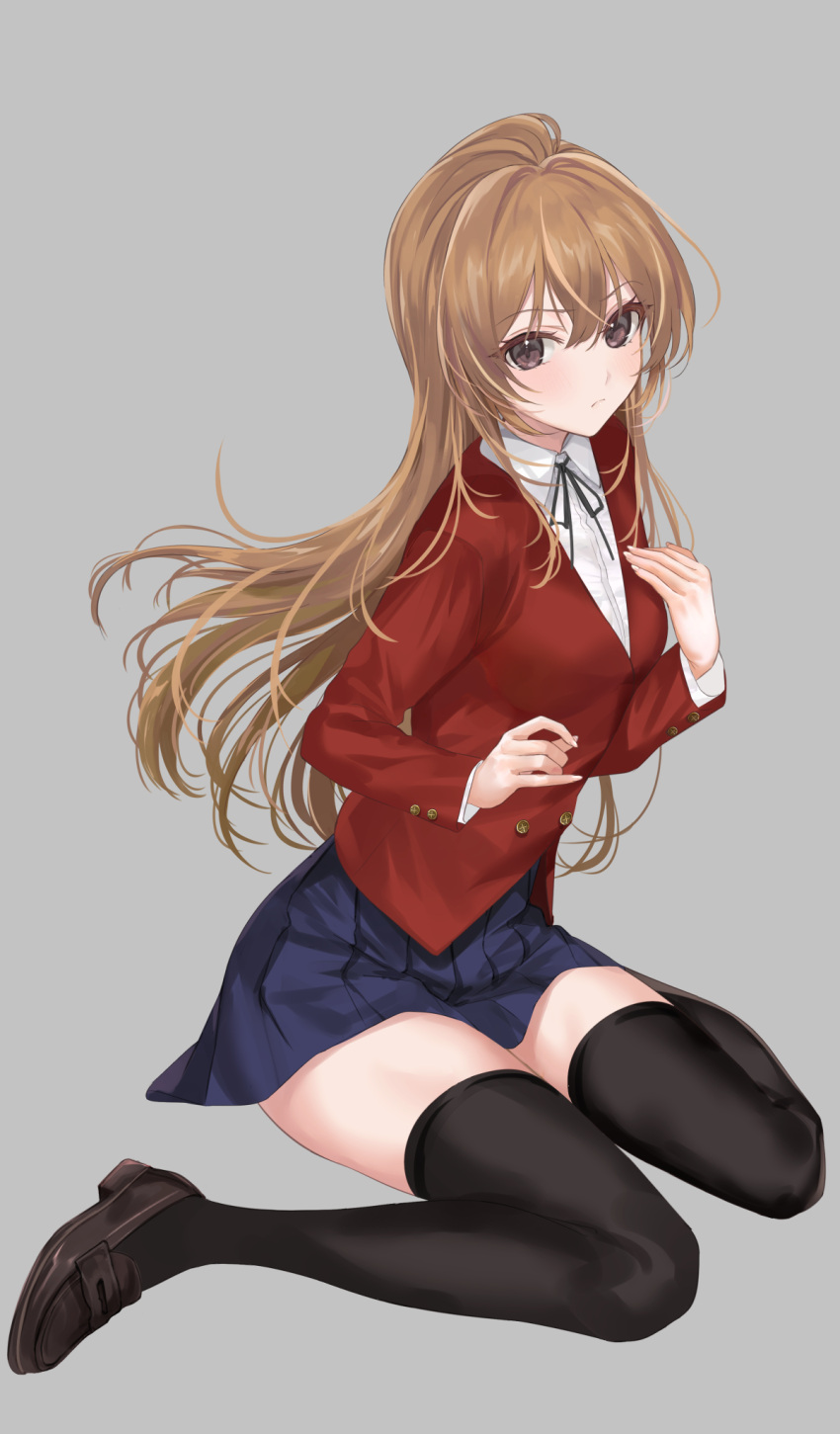 1girl aisaka_taiga bangs black_legwear blazer blonde_hair blue_skirt blush breasts brown_eyes closed_mouth full_body grey_background hand_on_own_chest highres jacket long_hair long_sleeves looking_at_viewer mexif miniskirt no_shoes older oohashi_high_school_uniform pleated_skirt red_eyes red_jacket school_uniform simple_background sitting skirt small_breasts solo thigh-highs toradora! v-shaped_eyebrows wariza zettai_ryouiki