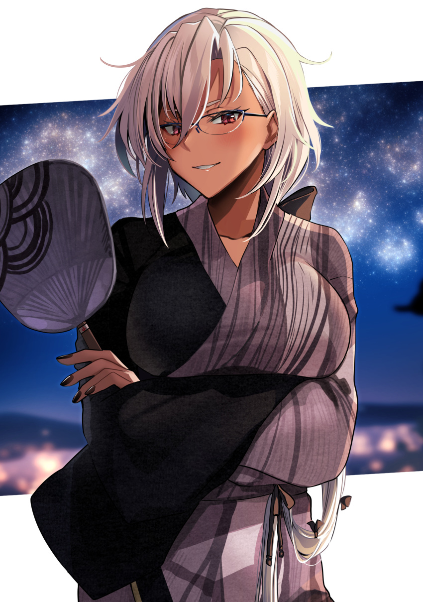 1girl absurdres black_nails blush breasts collarbone fingernails glasses grey_kimono grin hair_between_eyes hand_fan highres holding holding_fan japanese_clothes kantai_collection kimono large_breasts long_hair musashi_(kancolle) nail_polish official_alternate_costume paper_fan red_eyes silver_hair smile solo two-tone_background uchiwa upper_body yukata yunamaro