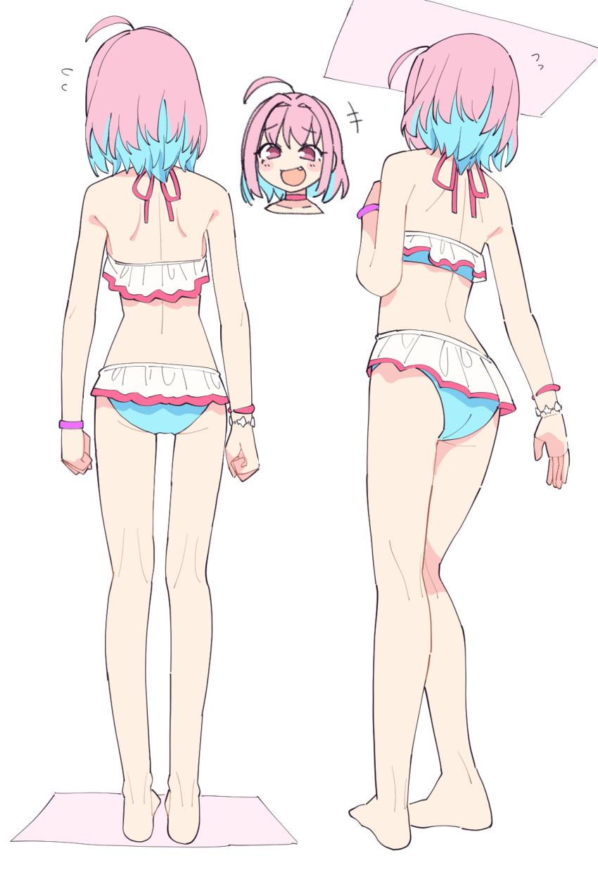 +++ 1girl ahoge bare_arms bare_legs barefoot bikini blue_bikini blue_hair bracelet clenched_hands commentary_request fang flying_sweatdrops frilled_bikini frills from_behind full_body highres idolmaster idolmaster_cinderella_girls jewelry kamo_(kamonabe_44) multicolored_hair multiple_views open_mouth short_hair shoulder_blades standing swimsuit two-tone_hair white_background yumemi_riamu