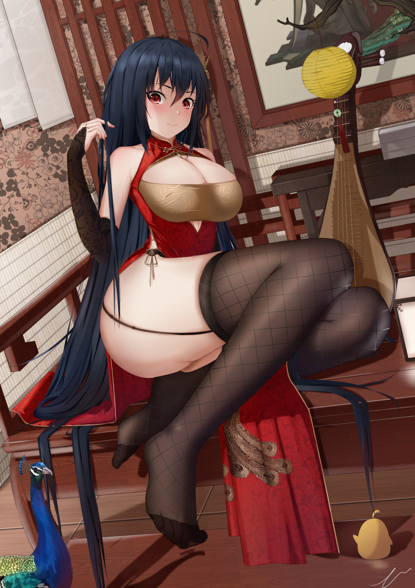 1girl absurdly_long_hair absurdres ass azur_lane bangs bird black_garter_straps black_hair black_legwear breasts bridal_gauntlets bursting_breasts china_dress chinese_clothes cleavage_cutout clothing_cutout crossed_bangs cutout_above_navel dress error1945 fishnet_legwear fishnets framed_breasts full_body garter_straps highres indoors instrument long_hair looking_at_viewer low_neckline mandolin manjuu_(azur_lane) no_shoes official_alternate_costume peacock red_dress red_eyes sleeveless sleeveless_dress soles solo taihou_(azur_lane) taihou_(phoenix's_spring_song)_(azur_lane) thigh-highs very_long_hair