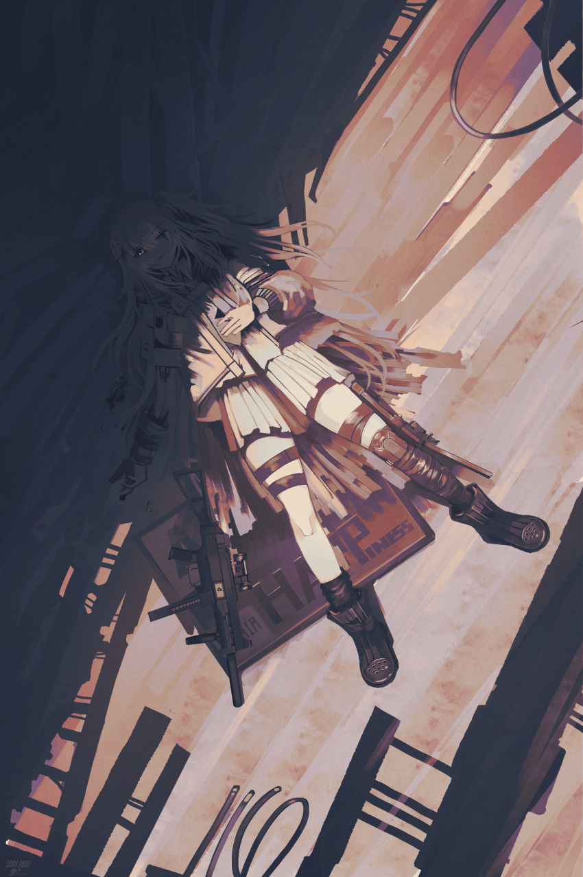 1girl absurdres bangs boots cable dated english_commentary eyebrows_visible_through_hair from_above girls_frontline gun hair_between_eyes highres jacket kanoe_(kanoe502) knee_pads limited_palette long_hair lying mod3_(girls'_frontline) on_back one_eye_closed one_side_up parted_lips pleated_skirt prosthesis prosthetic_arm scar scar_across_eye signature skirt solo thigh_strap ump45_(girls'_frontline) very_long_hair weapon