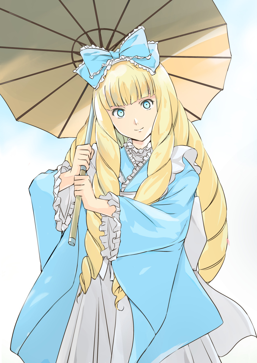 1girl absurdres big_hair blonde_hair blue_bow blue_eyes blue_kimono bow dianna_soreil drill_hair gundam highres holding holding_umbrella japanese_clothes kimono smile solo tokiani turn_a_gundam umbrella