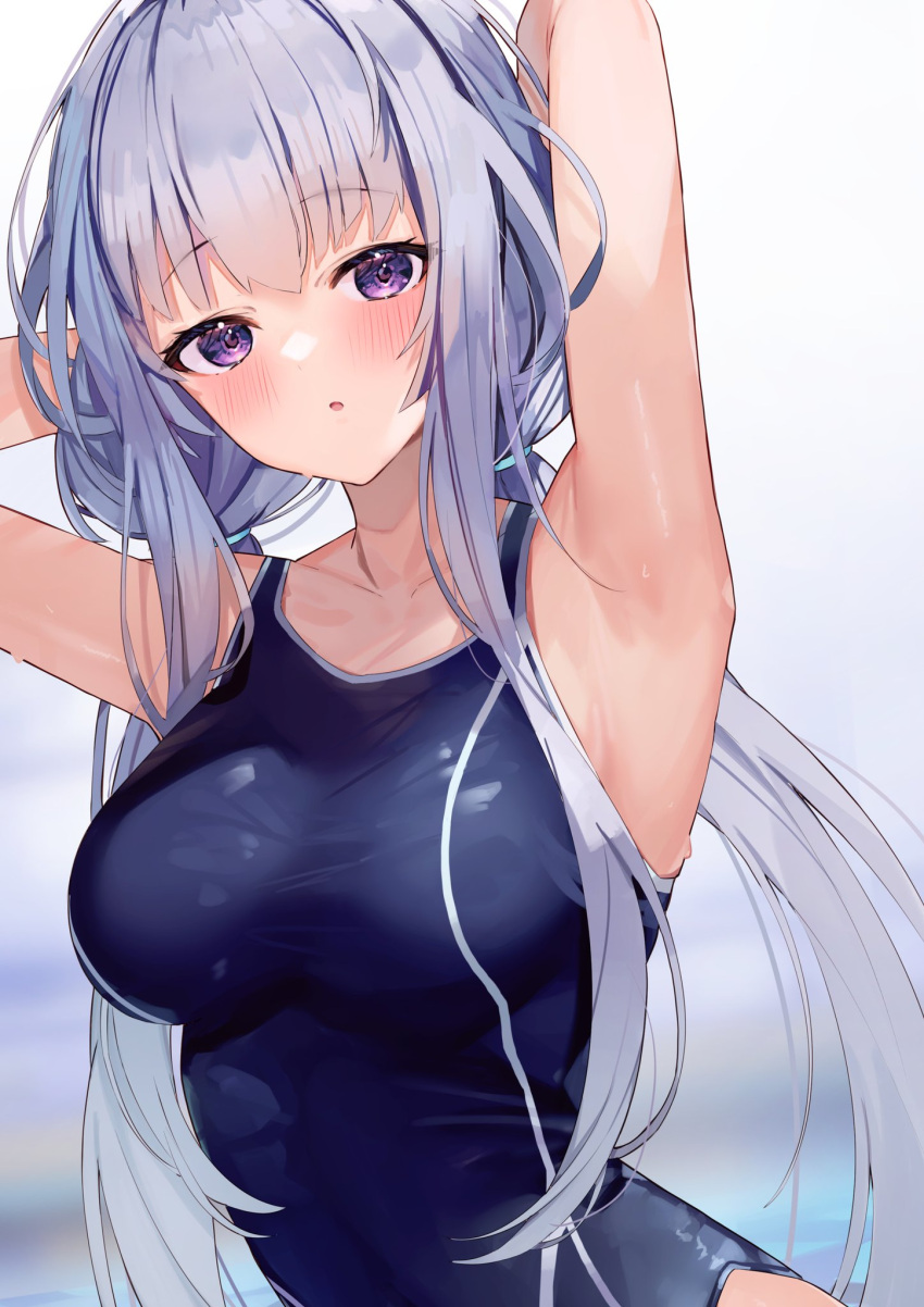 1girl armpits blue_hair blue_swimsuit breasts collarbone commentary_request eyebrows_visible_through_hair highres kuroshiro_kanae large_breasts long_hair looking_at_viewer one-piece_swimsuit original solo swimsuit violet_eyes