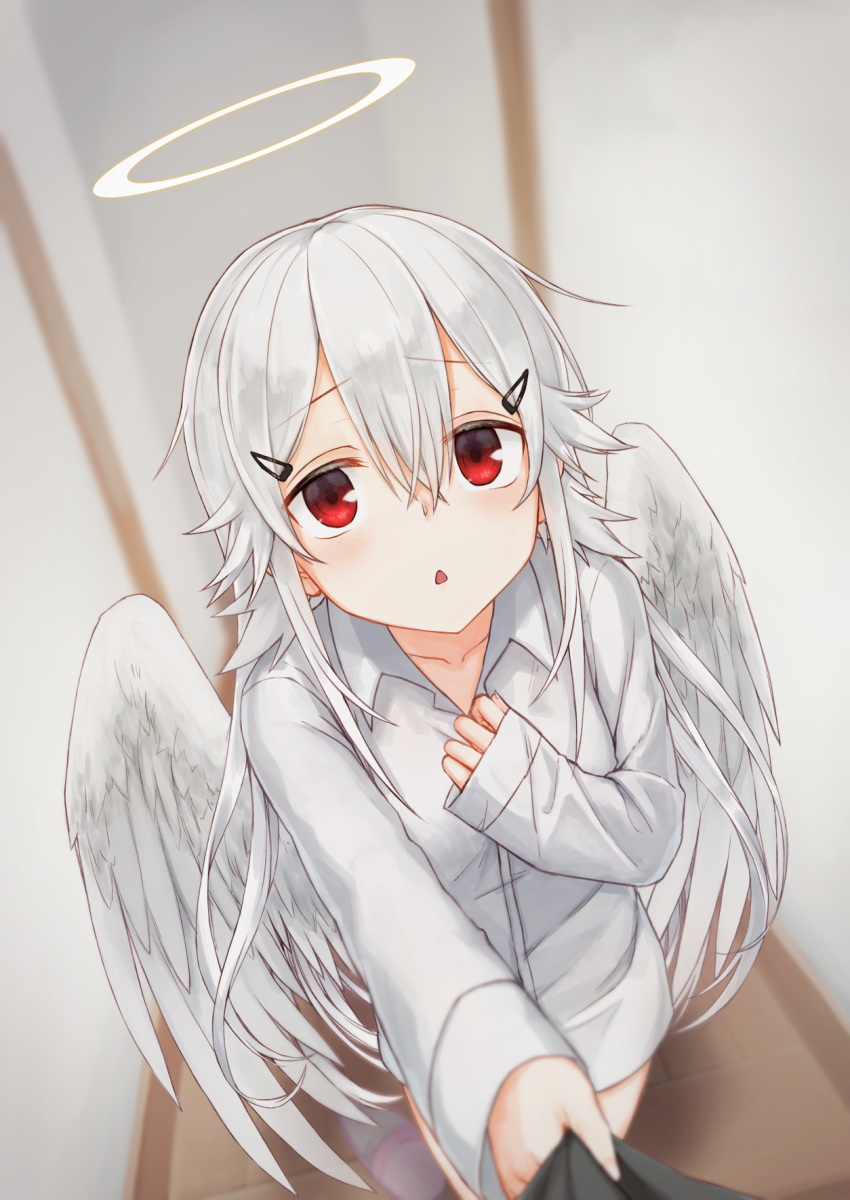 1girl angel angel_wings blurry blurry_background hair_between_eyes hair_ornament hairclip halo highres indoors kawama_hidesuke long_sleeves original pov pulling red_eyes shirt solo_focus white_hair white_shirt white_theme wings