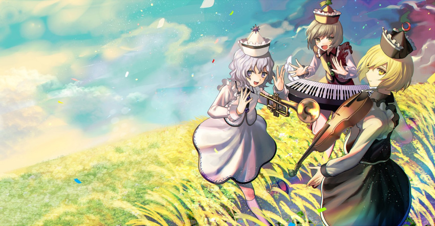 3girls :d bangs banned_artist black_headwear blonde_hair blue_eyes blush brown_eyes brown_hair buttons center_frills closed_mouth commentary_request crescent dress eyebrows_visible_through_hair floating floating_object frills grass hair_between_eyes harano hat instrument light_blue_hair light_smile long_sleeves looking_at_another looking_at_viewer lunasa_prismriver lyrica_prismriver merlin_prismriver multiple_girls open_mouth petals piano red_headwear shirt short_hair siblings sideways_glance silver_hair sisters smile standing star_(symbol) sun_symbol touhou trumpet violet_eyes violin white_dress white_hair white_headwear white_legwear white_shirt white_sleeves wrist_cuffs yellow_eyes