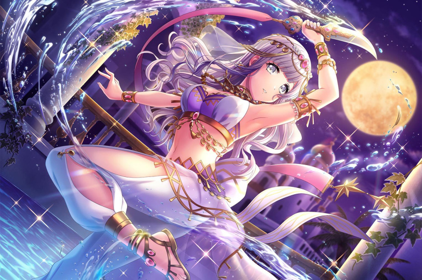 arabian_clothes armpits blush d4dj dress grey_eyes izumo_saki long_hair silver_hair veil