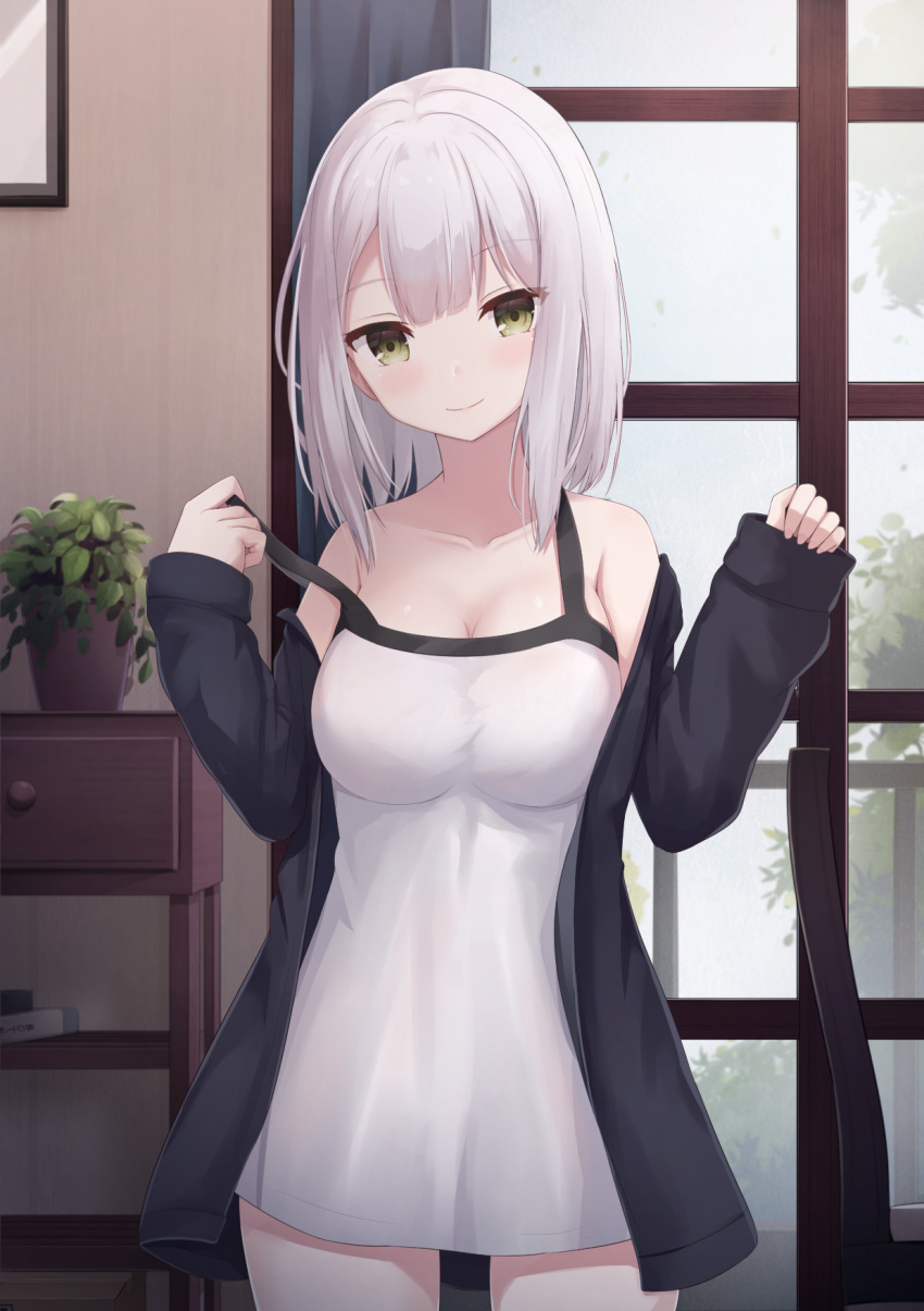1girl bangs blush breasts cowboy_shot dress eyebrows_visible_through_hair green_eyes highres indoors jacket looking_at_viewer medium_breasts open_clothes open_jacket original short_hair smile solo standing touhourh white_hair