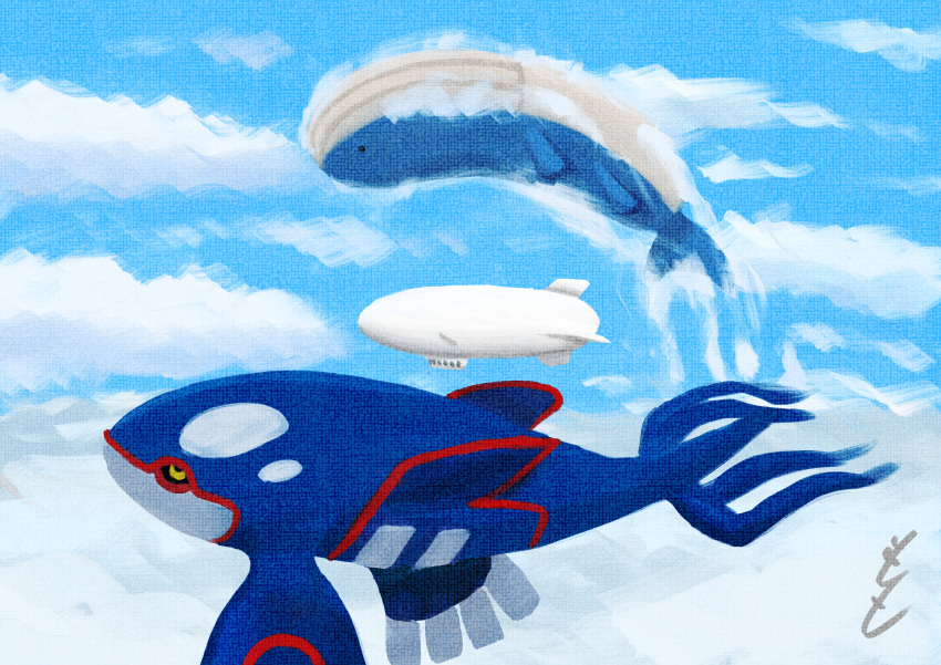 absurdres aircraft black_sclera closed_mouth clouds colored_sclera commentary_request day dirigible flying_whale from_side highres kyogre nankyoku_(antarctic_poke) no_humans outdoors pokemon pokemon_(creature) wailord whale yellow_eyes