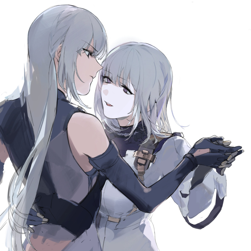 2girls ak-15_(girls'_frontline) arcadia25 back bangs breasts closed_mouth dancing elbow_gloves eyebrows_visible_through_hair feet_out_of_frame fingerless_gloves girls_frontline gloves hair_between_eyes highres holding_hands hug hug_from_behind long_hair looking_at_another medium_breasts medium_hair multiple_girls open_mouth rpk-16_(girls'_frontline) silver_hair standing tactical_clothes upper_body violet_eyes white_background