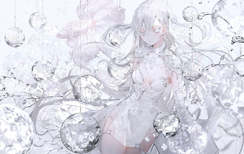 1girl bangs breasts cross-laced_clothes cross-laced_sleeves dress fish floating_hair flower goldfish highres hydrangea long_hair orb original pelvic_curtain short_dress shoulder_pads solo straight_hair string tlla very_long_hair white_background white_dress white_eyes white_flower white_hair white_theme