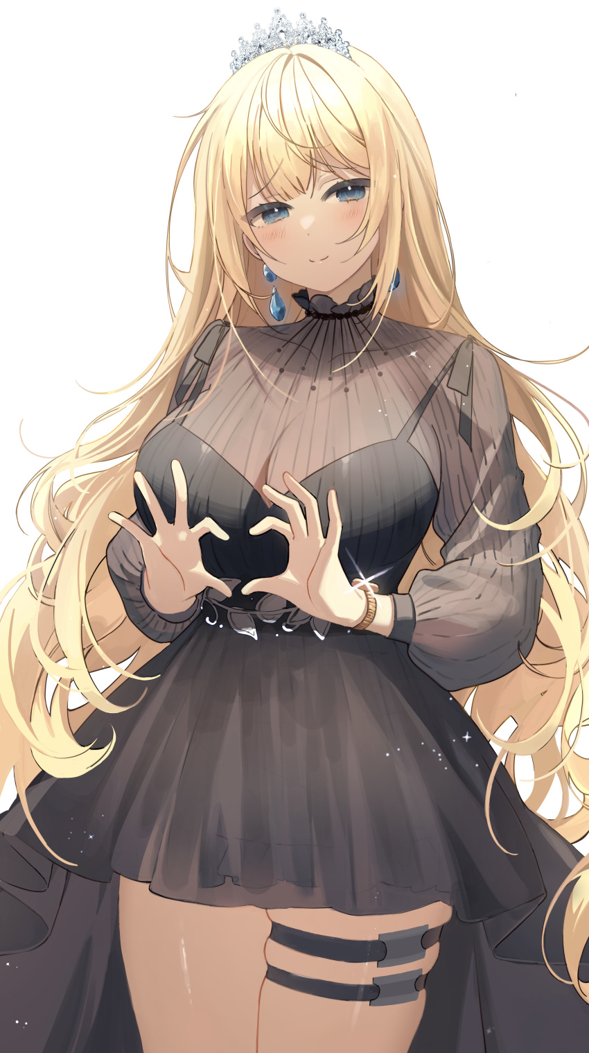 1girl absurdres bangs black_dress blonde_hair blue_eyes blush breasts dress earrings heart heart_hands highres hololive hololive_english jewelry large_breasts long_hair long_sleeves looking_at_viewer myao_(o3o333) smile solo thigh_strap thighs tiara virtual_youtuber watson_amelia