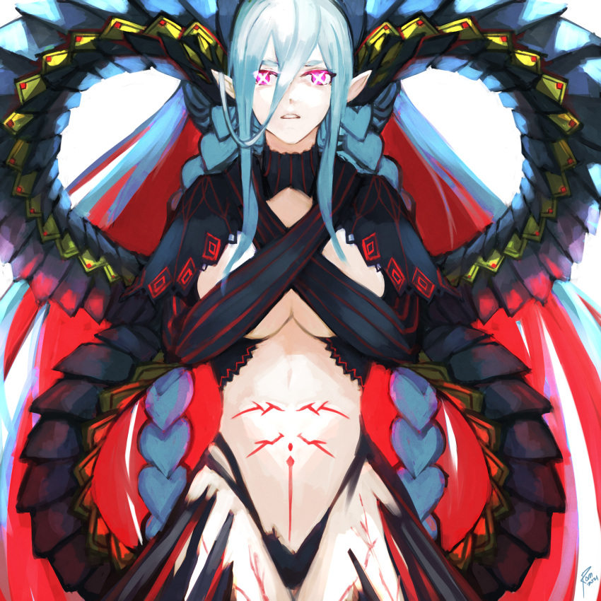 +_+ 1girl bangs black_gloves body_markings braid breasts crossed_bangs curled_horns elbow_gloves fate/grand_order fate_(series) gloves hair_between_eyes highres horns large_breasts long_hair long_horns looking_at_viewer moedredd multicolored_hair navel pink_eyes pointy_ears redhead shrug_(clothing) silver_eyebrows silver_hair stomach_tattoo striped striped_gloves symbol-shaped_pupils tattoo thighs tiamat_(fate) twin_braids two-tone_hair vertical-striped_gloves vertical_stripes very_long_hair
