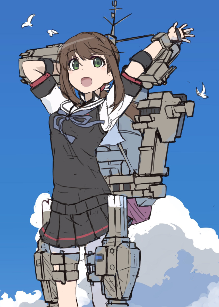 1girl alternate_costume bird black_shirt black_skirt brown_hair clouds cloudy_sky commentary_request fubuki_(kancolle) green_eyes highres kantai_collection machinery medium_hair minosu neck_ribbon open_mouth outstretched_arms ponytail purple_ribbon ribbon rigging seagull shirt short_sleeves sidelocks skirt sky torpedo_launcher turret white_shirt