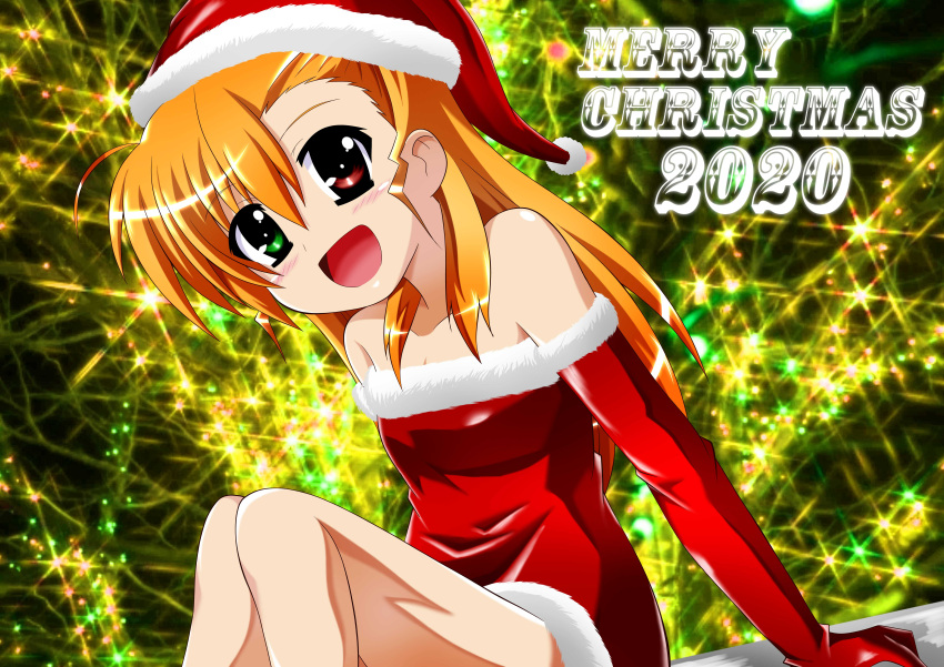 1girl 2020 :d absurdres asymmetrical_bangs bangs bare_shoulders christmas christmas_lights commentary dress dutch_angle elbow_gloves english_commentary fur-trimmed_dress fur_trim gloves green_eyes hat heterochromia highres long_hair looking_at_viewer lyrical_nanoha mahou_shoujo_lyrical_nanoha_vivid merry_christmas mixed-language_commentary open_mouth orange_hair rappasan05 red_eyes red_gloves red_headwear santa_dress santa_gloves santa_hat short_dress sitting smile solo strapless strapless_dress vivio