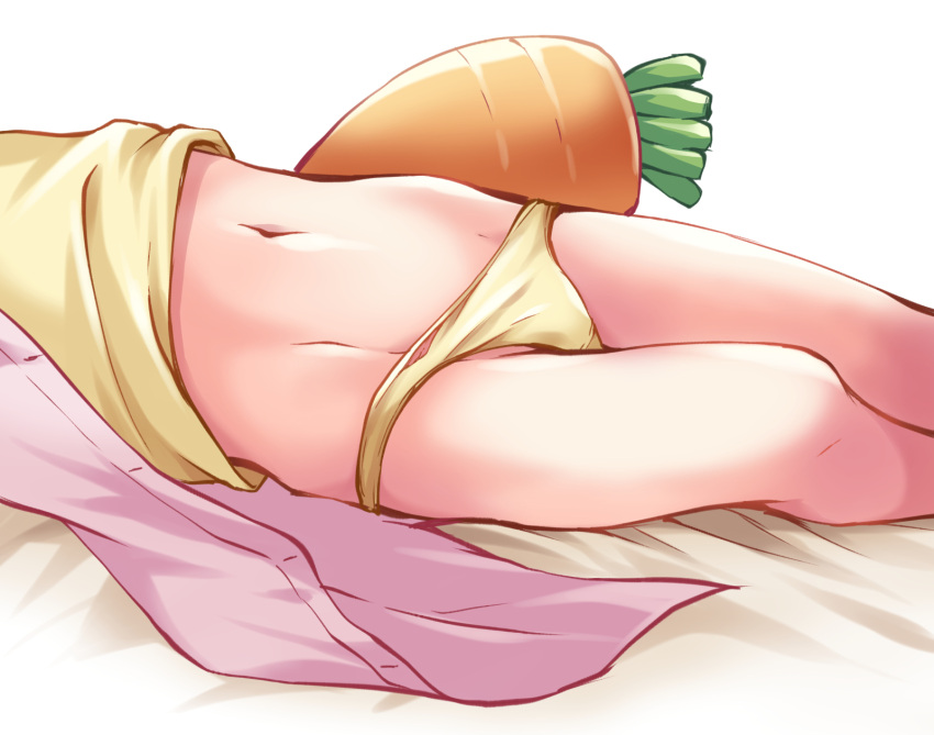 1girl blackrosebit carrot clothes_lift groin highres lower_body lying navel no_pants on_back open_clothes open_shirt original panties shirt shirt_lift simple_background solo stuffed_toy thighs underwear white_background white_shirt yellow_panties yellow_shirt