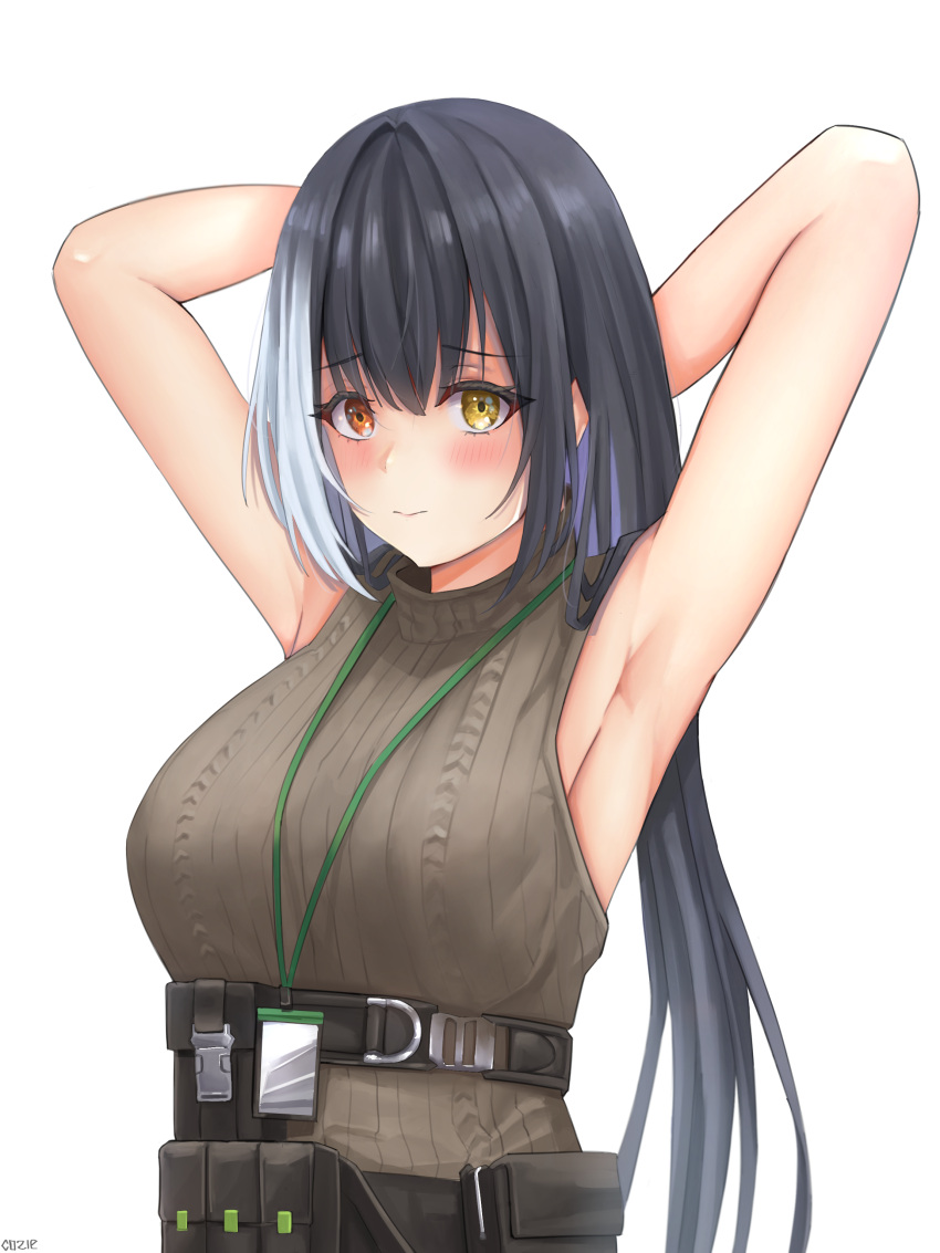 1girl absurdres ammunition_belt armpits arms_behind_head artist_name bangs black_hair blush breasts brown_sweater_vest closed_mouth cozie178 eyebrows_visible_through_hair girls_frontline heterochromia highres id_card long_hair looking_at_viewer medium_breasts multicolored_hair orange_eyes ro635_(girls'_frontline) solo sweater_vest two-tone_hair upper_body uwu white_background white_hair yellow_eyes