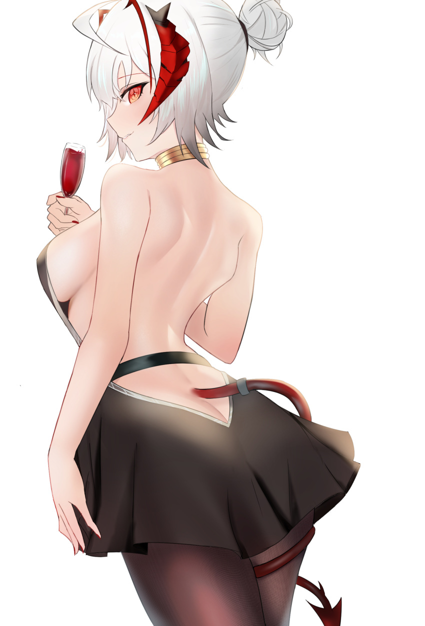 1girl absurdres arknights bare_back bare_shoulders black_dress black_legwear blush breasts closed_mouth cup demon_horns demon_tail dress drinking_glass eyebrows_visible_through_hair feet_out_of_frame hair_between_eyes hair_bun hair_ornament hairclip highres holding holding_cup horns looking_to_the_side medium_breasts nail_polish niuwajun orange_eyes pantyhose red_nails short_hair sideboob silver_hair solo standing tail w_(arknights) white_background wine_glass