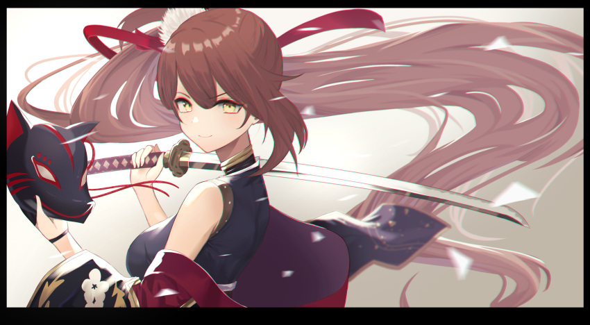1girl absurdly_long_hair absurdres azur_lane bare_shoulders black_kimono breasts brown_hair daily_(daily178900) fox_mask from_side hair_ribbon highres holding holding_mask holding_sword holding_weapon japanese_clothes kimono long_hair looking_at_viewer looking_to_the_side mask mask_removed medium_breasts official_alternate_costume over_shoulder ponytail red_ribbon ribbon simple_background solo sword sword_over_shoulder upper_body very_long_hair weapon weapon_over_shoulder yellow_eyes zuikaku_(azur_lane) zuikaku_(ceremonial_crane)_(azur_lane)