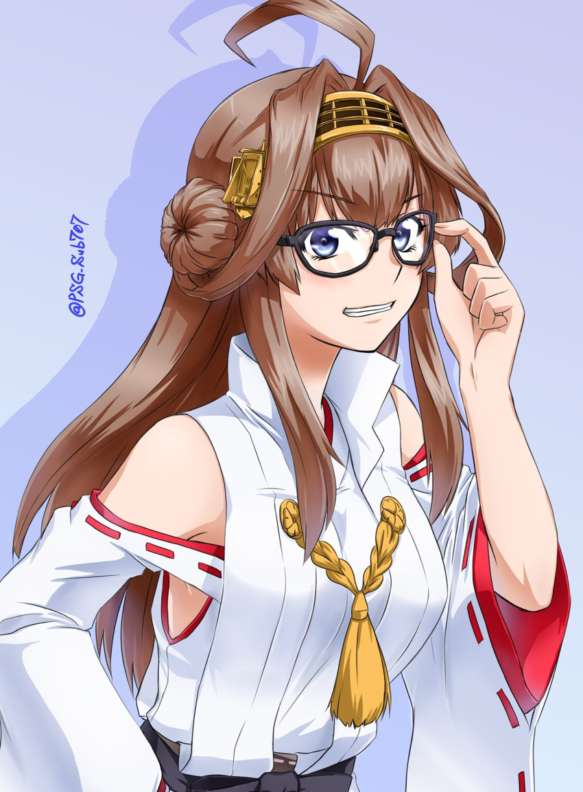 1girl ahoge akito_(sub707) bespectacled black-framed_eyewear blue_eyes breasts brown_hair detached_sleeves double_bun glasses hairband highres japanese_clothes kantai_collection kongou_(kancolle) long_hair medium_breasts nontraditional_miko remodel_(kantai_collection) ribbon-trimmed_sleeves ribbon_trim solo