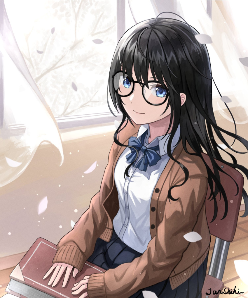1girl bangs black_hair black_skirt blue_bow blue_bowtie blue_eyes book bow bowtie branch brown_jacket chair classroom curtains glasses highres holding holding_book indoors jacket junshiki long_hair long_sleeves looking_at_viewer open_clothes open_jacket original petals polo_shirt school school_uniform shirt signature sitting skirt smile tree white_shirt window