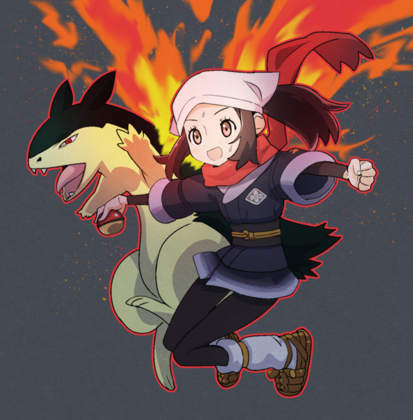 1girl :d akari_(pokemon) brown_eyes brown_footwear brown_hair clenched_hand commentary_request eyelashes fire grey_background head_scarf highres holding holding_poke_ball jacket long_hair loose_socks open_mouth outline outstretched_arms poke_ball poke_ball_(legends) pokemon pokemon_(creature) pokemon_(game) pokemon_legends:_arceus ponytail red_scarf scarf shinbashi_seiji shirt shoes smile typhlosion white_headwear