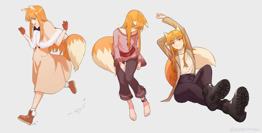 1girl absurdres animal_ears bangs blush boots brown_hair dress feet fox_ears fox_tail gloves highres holo multiple_views pants red_eyes sebyxtan smile solo spice_and_wolf tail turtleneck