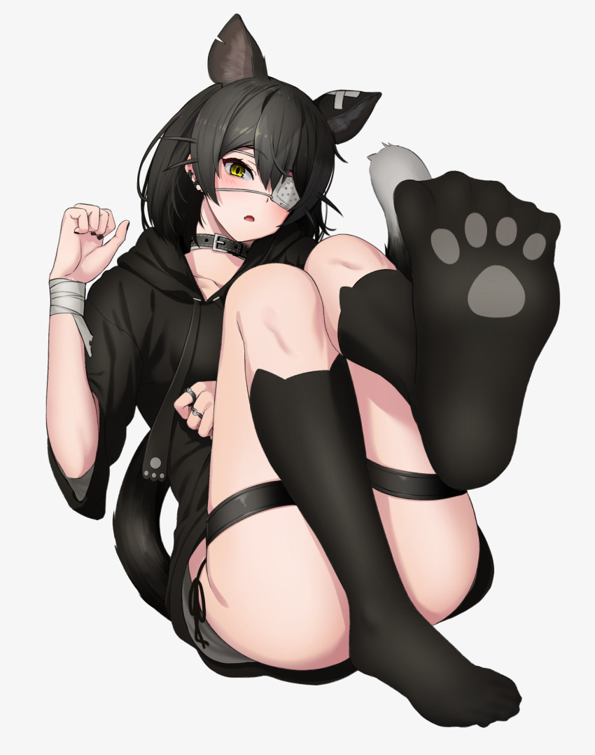 1girl animal_ear_fluff animal_ear_legwear animal_ears bandaged_wrist bandages bangs belt_collar black_collar black_hair black_hoodie black_legwear black_nails black_panties cat_ear_legwear cat_ears cat_girl cat_tail collar collarbone deku_suke drawstring ear_piercing extra_ears eyepatch full_body hair_between_eyes highres hood hood_down hoodie kneehighs looking_at_viewer medical_eyepatch nail_polish no_shoes notched_ear open_mouth original panties paw_print_soles piercing short_hair side-tie_panties simple_background solo string_panties tail thigh_strap underwear white_background wings yellow_eyes