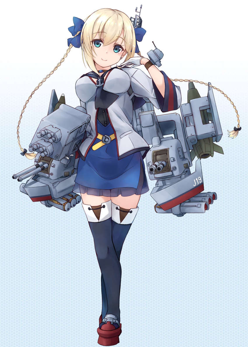 1girl blonde_hair blue_eyes blue_legwear blue_ribbon braid cannon destroyer full_body gloves hair_ribbon half_gloves highres hswms_smaland long_hair machinery mecha_musume military military_vehicle minosu missile original personification ribbon ship smile solo standing thigh-highs torpedo_tubes turret twin_braids warship watercraft white_gloves