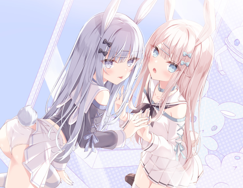 2girls :o against_glass animal_ears ass bangs black_bow black_shirt blue_bow blue_eyes blush bow brown_footwear brown_hair closed_mouth clothes_lift commentary_request crane_game eyebrows_visible_through_hair fang grey_eyes grey_hair grey_nails hair_bow hair_ornament hairclip hoshi_(snacherubi) loafers long_sleeves multiple_girls nail_polish open_mouth original panties pleated_skirt rabbit_ears rabbit_girl rabbit_tail sailor_collar school_uniform serafuku shirt shoes single_thighhigh skirt skirt_lift striped striped_legwear stuffed_animal stuffed_bunny stuffed_toy tail thigh-highs tongue tongue_out underwear white_legwear white_panties white_sailor_collar white_serafuku white_shirt white_skirt