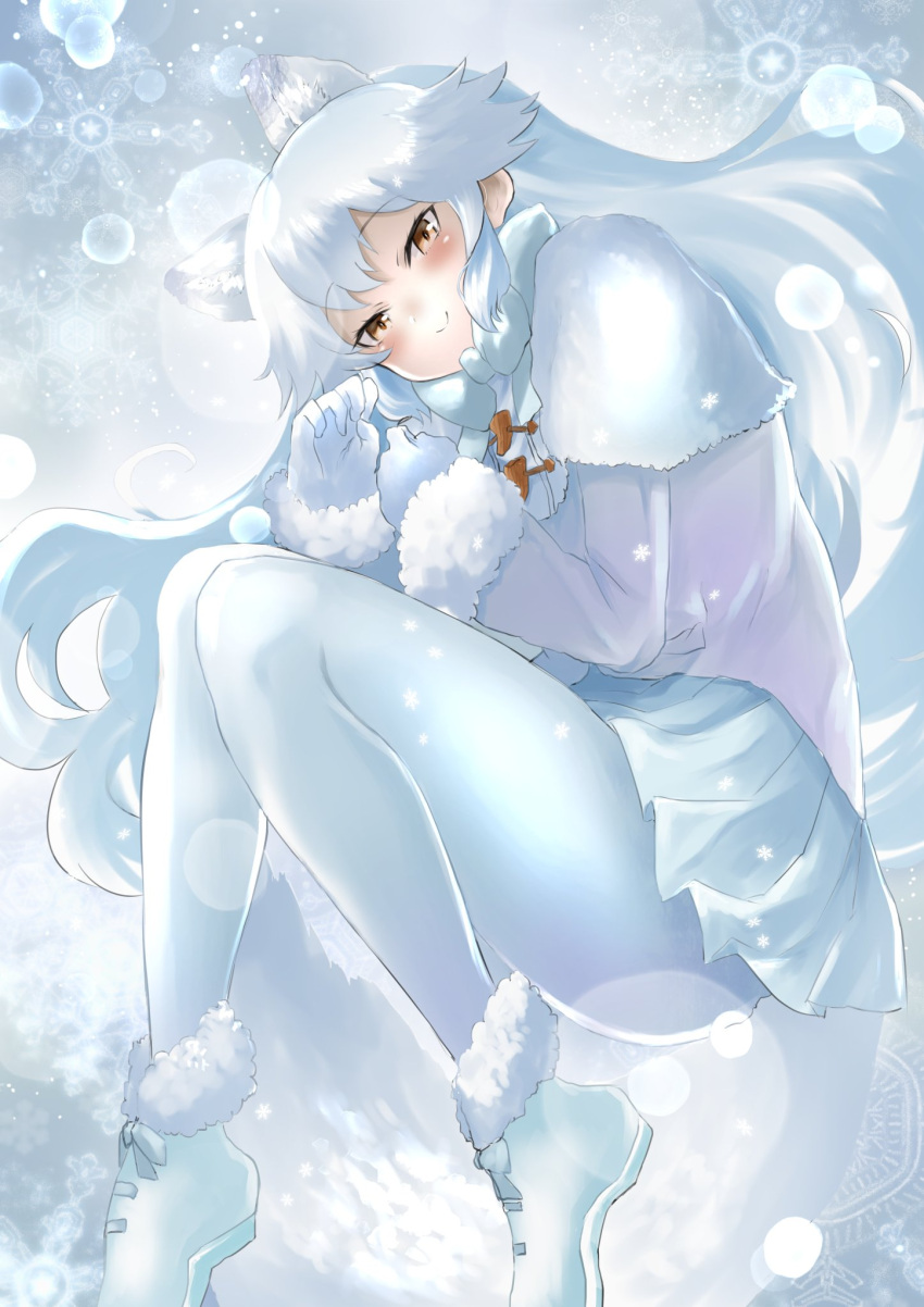 1girl animal_ears arctic_fox_(kemono_friends) blush boots bow bowtie capelet coat curled_up extra_ears eyebrows_visible_through_hair fox_ears fox_girl fox_tail from_above fur_trim gamerakero gloves highres kemono_friends long_hair long_sleeves looking_at_viewer lying on_side pantyhose pleated_skirt skirt smile snow solo tail white_bow white_bowtie white_capelet white_coat white_footwear white_fur white_gloves white_hair white_legwear white_skirt winter_clothes winter_coat yellow_eyes