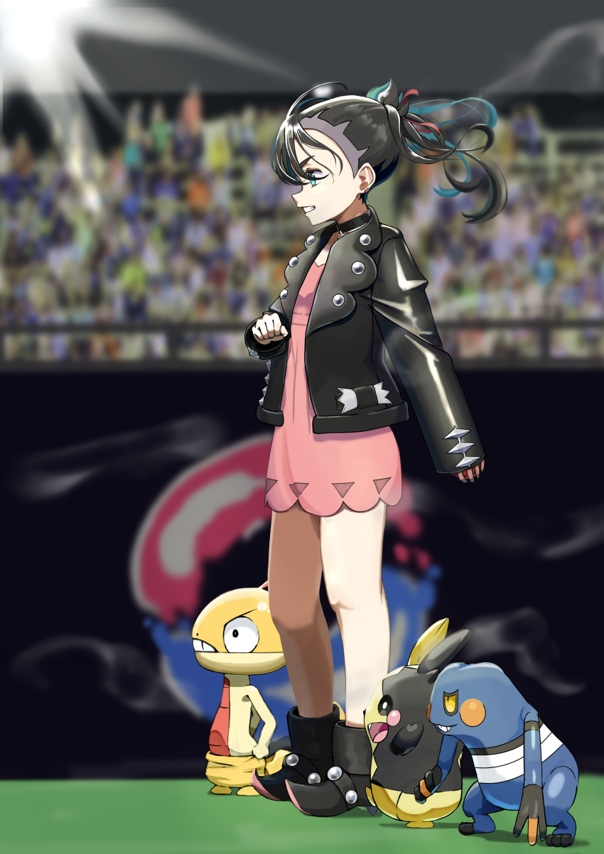 1girl absurdres ankle_boots black_choker black_footwear black_hair black_jacket blurry boots choker clenched_hand clenched_teeth commentary_request croagunk dress earrings from_side green_eyes hair_ribbon highres jacket jewelry knees kun_(user_tmwh7453) marnie_(pokemon) medium_hair morpeko morpeko_(full) open_clothes open_jacket pink_dress pokemon pokemon_(creature) pokemon_(game) pokemon_swsh red_ribbon ribbon scraggy stadium standing teeth
