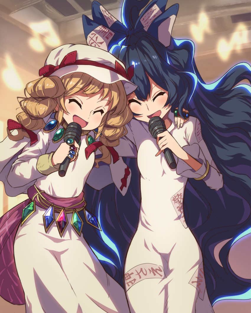 2girls bangle blue_bow blue_hair bow bracelet closed_eyes dress drill_hair eyebrows_visible_through_hair hair_between_eyes hair_bow hat highres holding holding_microphone jewelry light_brown_hair long_hair long_sleeves microphone multiple_girls music open_mouth ring shope siblings singing sisters smile touhou touhou_gouyoku_ibun twin_drills white_dress white_headwear yorigami_jo'on yorigami_shion