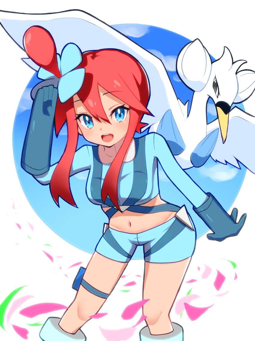 1girl bangs blue_eyes blue_gloves blue_jacket blue_shorts blush commentary cropped_jacket eyelashes gloves hair_between_eyes hair_ornament hand_up highres jacket knees navel nuneno one_side_up open_mouth pokemon pokemon_(creature) pokemon_(game) pokemon_bw redhead short_hair_with_long_locks short_shorts shorts sidelocks skyla_(pokemon) smile swanna teeth thigh_pouch tied_hair tongue turtleneck upper_teeth