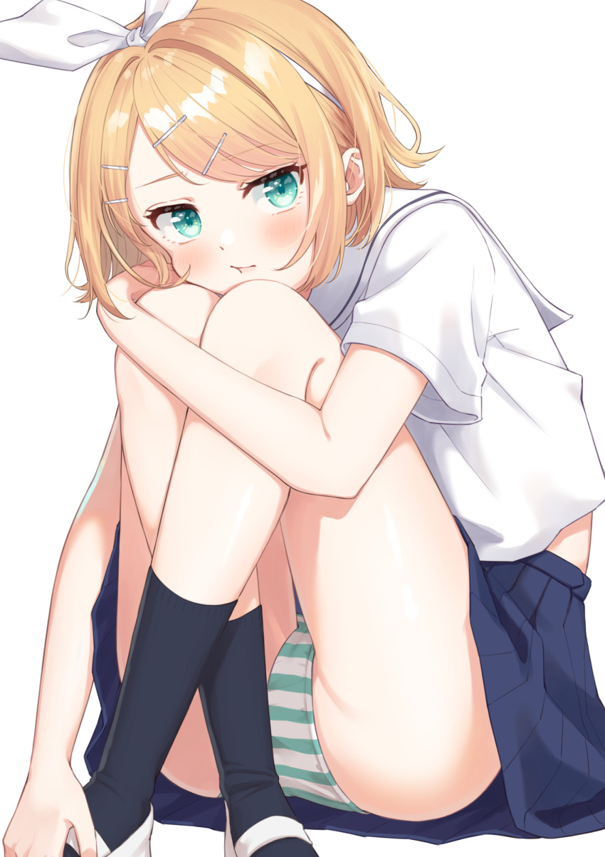 1girl aqua_eyes bangs bare_legs black_legwear blonde_hair blue_skirt blush bow bow_hairband crossed_legs eyebrows_visible_through_hair hair_bow hair_ornament hairband hairclip hand_up head_on_knees head_rest highres hugging_own_legs kagamine_rin knees_together_feet_apart knees_up looking_at_viewer mitora_nao panties parted_bangs pleated_skirt pouty_lips sailor_collar school_uniform shiny shiny_skin shoes short_hair short_sleeves simple_background sitting skirt socks solo striped striped_panties underwear uwabaki vocaloid white_serafuku