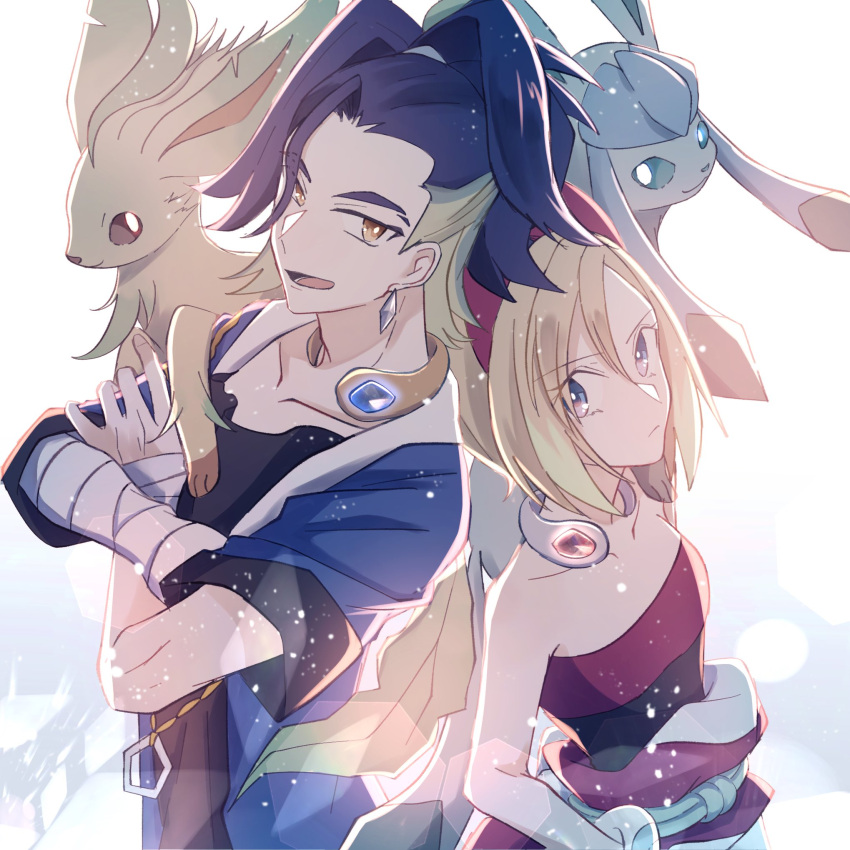 1boy 1girl adaman_(pokemon) arm_wrap back-to-back black_shirt blonde_hair blue_coat blue_hair bracelet brown_eyes closed_mouth coat collar collarbone commentary_request earrings eyelashes glaceon green_hair highres irida_(pokemon) jewelry leafeon looking_at_viewer lower_teeth multicolored_hair open_clothes open_coat open_mouth pokemon pokemon_(creature) pokemon_(game) pokemon_legends:_arceus red_shirt sash shirt strapless strapless_shirt teeth tongue white_background yoru_nights