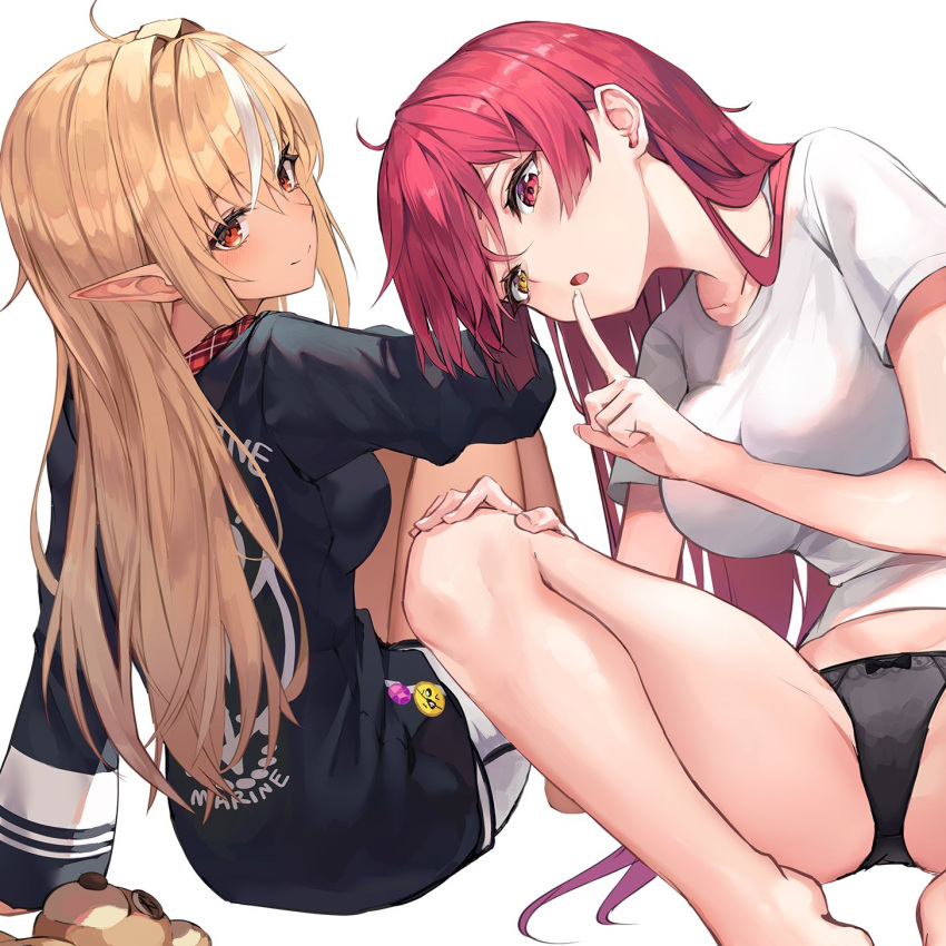2girls bangs barefoot black_panties blonde_hair bow bow_panties breasts closed_mouth clothes_writing collarbone commentary dark-skinned_female dark_skin eyelashes from_behind hair_between_eyes hand_on_own_knee heterochromia highres hololive houshou_marine index_finger_raised knees_up large_breasts light_smile long_hair looking_at_viewer looking_back multicolored_hair multiple_girls myung_yi no_pants panties plaid pointy_ears red_eyes redhead shiranui_flare shirt short_shorts short_sleeves shorts simple_background sitting spread_legs streaked_hair stuffed_toy t-shirt thighs underwear unfinished virtual_youtuber white_shirt yellow_eyes