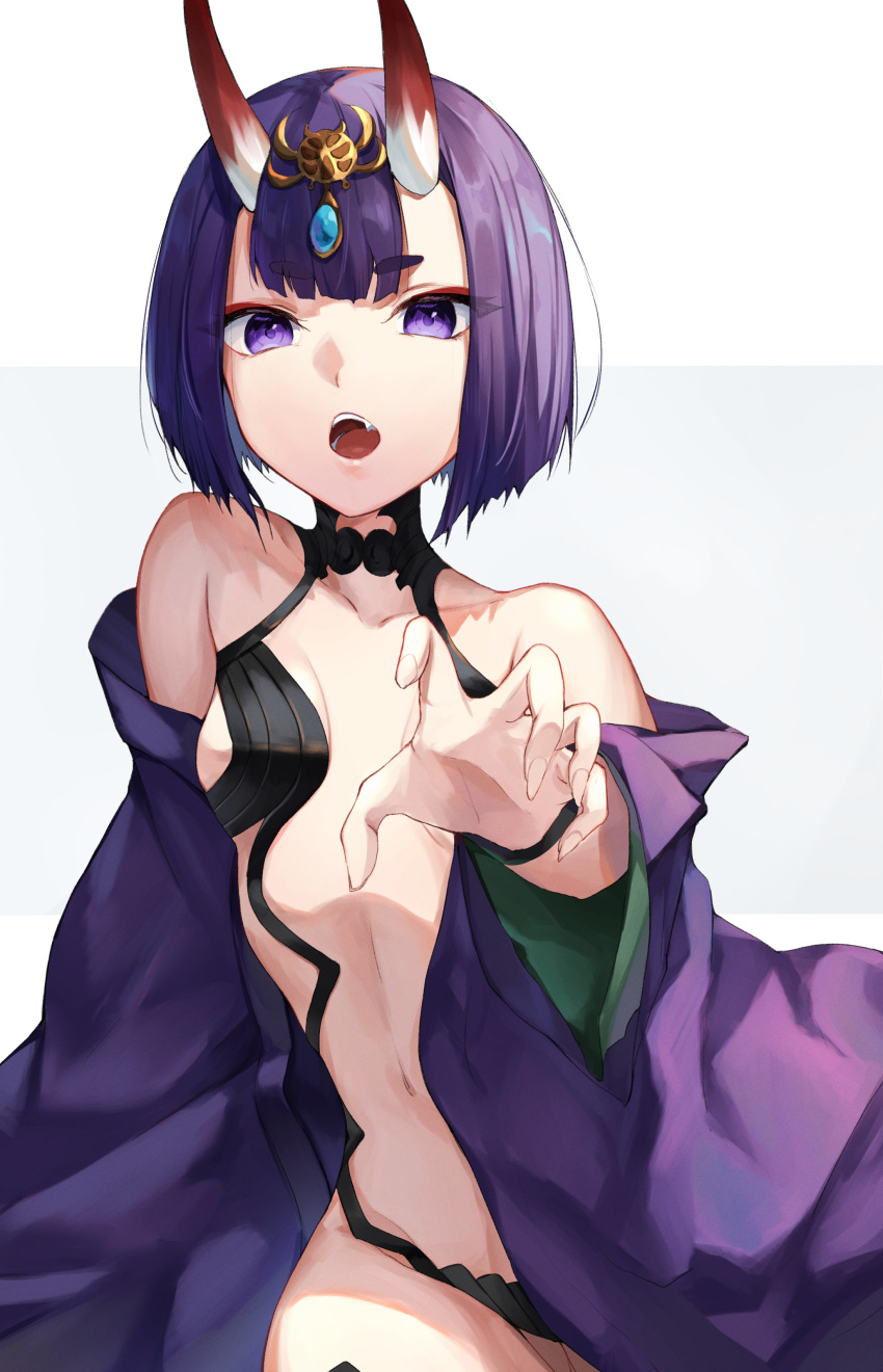 1girl absurdres bangs bare_shoulders bob_cut breasts collarbone eyeliner fate/grand_order fate_(series) headpiece herigaru_(fvgyvr000) highres horns japanese_clothes kimono long_sleeves looking_at_viewer makeup oni oni_horns open_mouth purple_hair purple_kimono revealing_clothes revision short_hair shuten_douji_(fate) skin-covered_horns small_breasts solo violet_eyes wide_sleeves