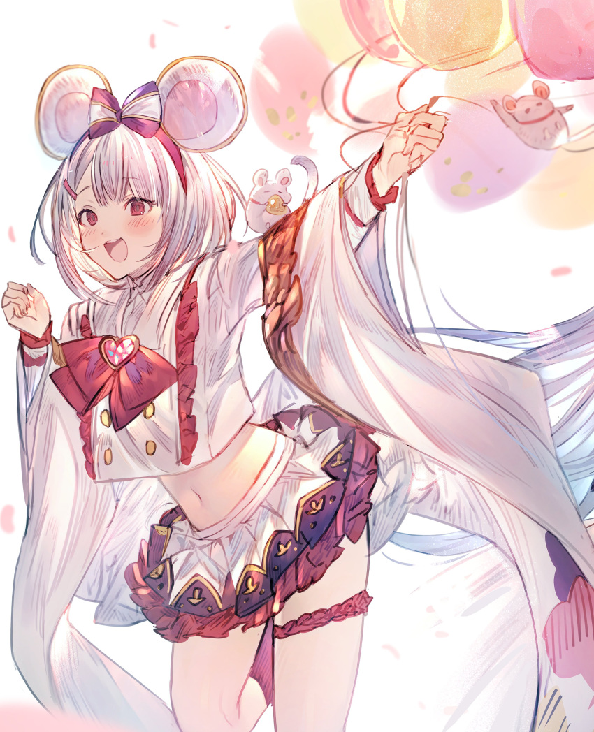 1girl :d absurdres animal_ears balloon bangs blush bow bowtie eyebrows_visible_through_hair fake_animal_ears frilled_shirt frilled_skirt frills granblue_fantasy hair_between_eyes hair_bow hair_ornament hairclip highres holding holding_balloon long_sleeves looking_ahead mayutsuba_mono midriff miniskirt mouse mouse_ears navel open_mouth pleated_skirt red_bow red_bowtie red_eyes shirt short_hair skirt smile solo standing standing_on_one_leg striped striped_bow thigh_strap vikala_(granblue_fantasy) white_background white_hair white_shirt white_skirt