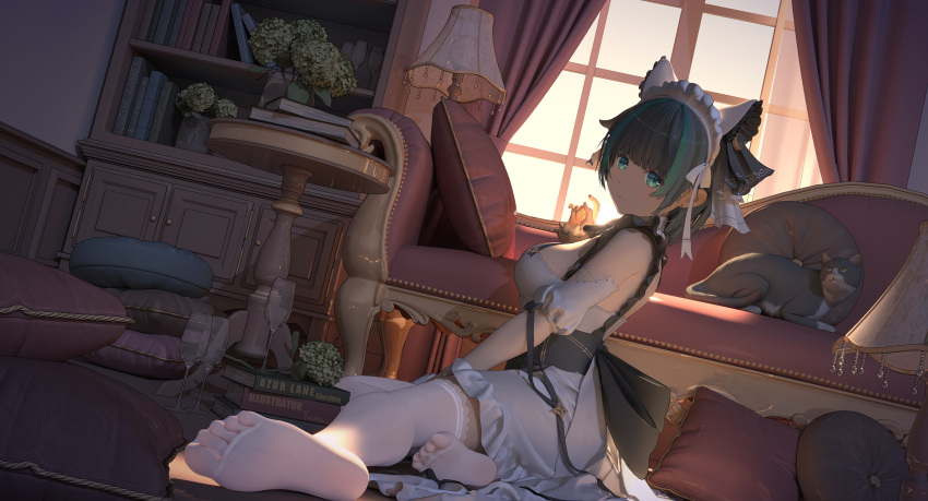 1girl :3 animal_ears aqua_eyes aqua_hair artist_name azur_lane back_bow bare_shoulders book bookshelf bow breasts cat cat_ears character_name cheshire_(azur_lane) couch detached_sleeves dress fake_animal_ears frilled_hairband frilled_ribbon frills from_side full_body grey_cat grey_hair hairband highres indoors lace-trimmed_legwear lace_trim lamp large_breasts long_ribbon looking_at_viewer maid maid_headdress medium_hair multicolored_hair pillow puffy_detached_sleeves puffy_sleeves purple_apron ribbon sitting soles solo streaked_hair thigh-highs two-tone_hair white_dress white_legwear window wrist_cuffs yellow_eyes yuma_(594986561)
