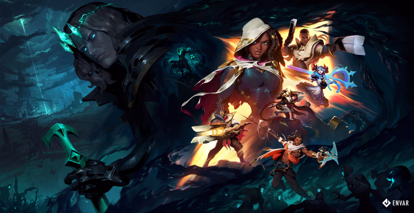 3girls 5boys abs akshan_(league_of_legends) army bangs beard black_pants black_skin blue_eyes blue_hair breasts brown_hair closed_mouth colored_skin creature crossbow crown dark-skinned_female dark-skinned_male dark_skin demon dress drill_hair facial_hair gloves glowing glowing_eyes graves_(league_of_legends) grin gun gwen_(league_of_legends) highres holding holding_gun holding_lamp holding_scissors holding_sword holding_weapon hood hood_up large_breasts league_of_legends light long_hair long_sleeves lucian_(league_of_legends) multiple_boys multiple_girls navel official_alternate_costume pants scissors senna_(league_of_legends) short_hair smile snatti sword thresh_(league_of_legends) tower twin_drills twintails vayne_(league_of_legends) viego_(league_of_legends) weapon white_dress