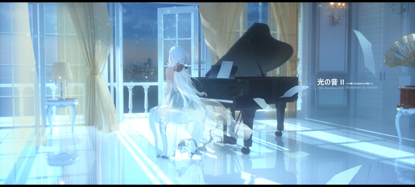 1girl artist_name azur_lane backless_dress backless_outfit balcony bare_back black_ribbon character_name dress from_behind hair_ribbon highres illustrious_(azur_lane) indoors instrument lamp long_hair night night_sky phonograph piano reflection ribbon see-through_dress sheet_music sitting sky solo swd3e2 tri_tails very_long_hair white_dress white_hair window