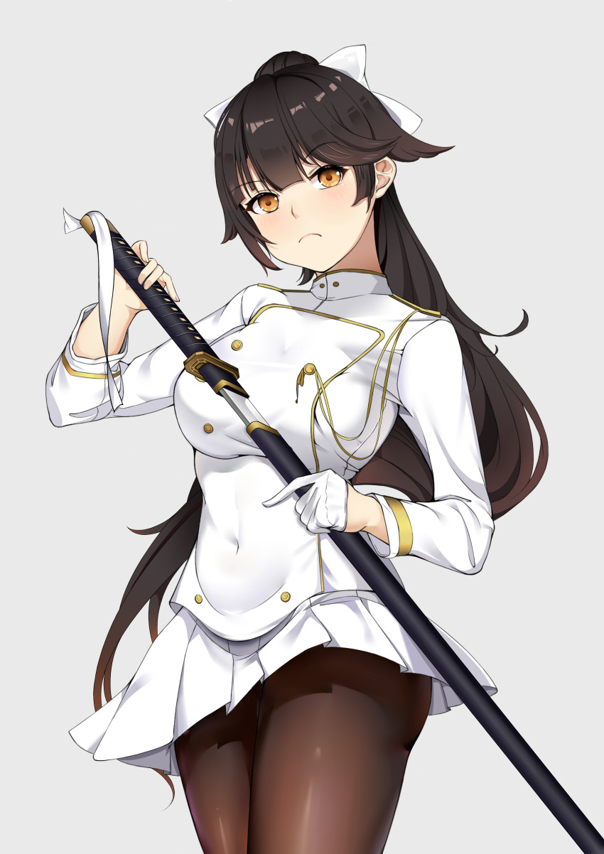 1girl absurdres ayla_(pixiv27129268) azur_lane bow breasts brown_hair buttons double-breasted gloves high_ponytail highres holding holding_sheath jacket large_breasts long_hair military military_uniform miniskirt naval_uniform orange_eyes pantyhose pleated_skirt sheath simple_background skirt solo takao_(azur_lane) uniform unsheathing very_long_hair white_background white_bow white_gloves white_jacket white_skirt
