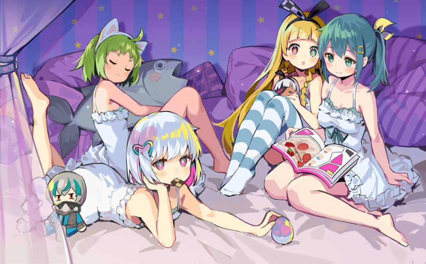 4girls absurdres ahoge alyce_(dohna_dohna) animal_ears antenna_(dohna_dohna) bangs bed blonde_hair blunt_bangs bob_cut braid chinese_commentary dohna_dohna_issho_ni_warui_koto_o_shiyou dress eating fish fish_pillow food_in_mouth green_eyes green_hair hair_ornament hair_tie hairband hairclip hand_on_own_cheek hand_on_own_face heart heart_hair_ornament heterochromia highres holding holding_magazine holding_stuffed_toy kuma_(dohna_dohna) long_hair looking_at_viewer lying magazine_(object) medico_(dohna_dohna) multiple_girls nightgown on_stomach outstretched_arm pajamas pillow ponytail porno_(dohna_dohna) reading short_hair silver_hair sitting striped striped_legwear stuffed_toy thigh-highs tiramisu_(6822816123) white_dress yammy_(dohna_dohna) yokozuwari