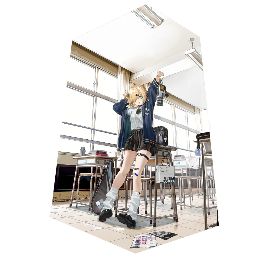 1girl ahoge arms_up bag black_skirt blonde_hair blue_eyes book camera chair classroom collared_shirt desk full_body game_cg girls'_frontline_neural_cloud girls_frontline hair_bobbles hair_ornament hair_over_one_eye hairclip hand_to_head heterochromia highres holding holding_camera loafers long_sleeves looking_at_viewer loose_socks mg36_(girls'_frontline) nail_polish official_alternate_costume official_art open_mouth pleated_skirt red_eyes school_bag school_chair school_desk school_uniform shirt shoes short_hair skirt smile socks solo sweater transparent_background white_legwear white_shirt window
