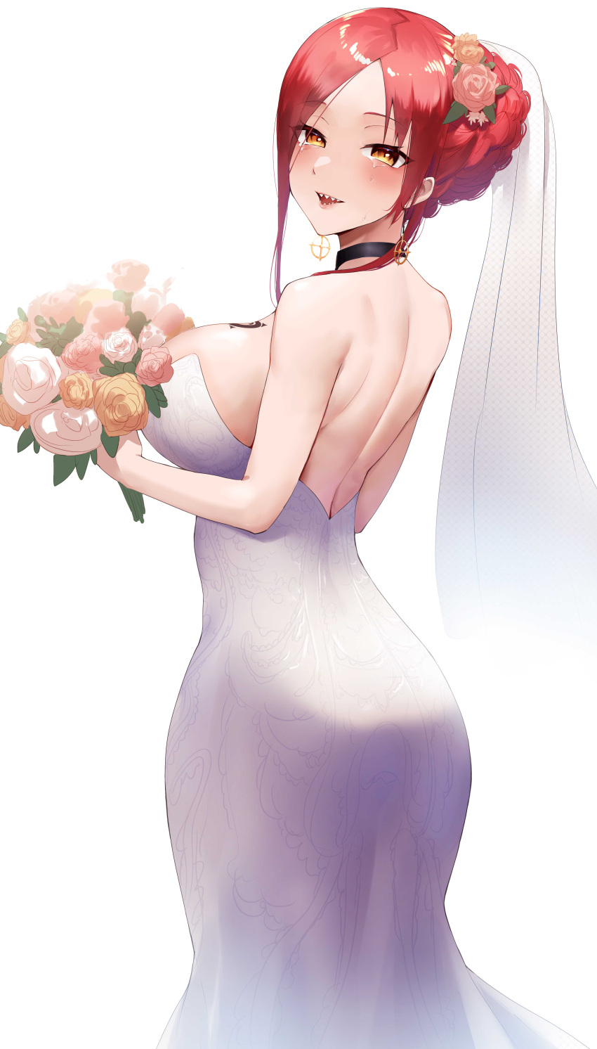 1girl absurdres action_taimanin ass astaroth_(taimanin) backless_dress backless_outfit bangs bare_shoulders bouquet braid braided_bun breasts bridal_veil choker cowboy_shot curvy dress ear_piercing from_behind gold highres large_breasts long_hair looking_at_viewer looking_back memero_7272 piercing plump redhead sharp_teeth shoulder_blades sideboob simple_background smile swept_bangs taimanin_(series) tattoo teeth veil wedding_dress white_background yellow_eyes