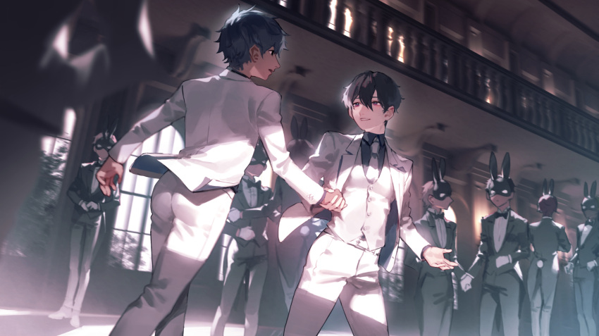 6+boys animal_ears black_bow black_bowtie black_hair black_jacket black_pants black_shirt bow bowtie bunny_mask commentary_request dancing dutch_angle english_commentary fake_animal_ears fake_tail formal highres holding_hands indoors ishida_(segu_ishida) jacket long_sleeves looking_at_another male_focus mask mixed-language_commentary multiple_boys necktie original pants parted_lips pink_eyes rabbit_ears rabbit_tail shirt short_hair smile suit suit_jacket tail tuxedo vest waistcoat white_jacket white_necktie white_pants white_shirt white_vest