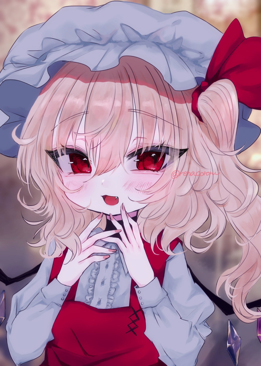 1girl :d bangs blonde_hair blurry blurry_background crystal eyebrows_visible_through_hair fang flandre_scarlet hair_ribbon hat highres long_sleeves looking_at_viewer medium_hair mob_cap one_side_up open_mouth red_eyes red_ribbon red_vest renakobonb ribbon shirt smile solo touhou upper_body vest white_headwear white_shirt wings