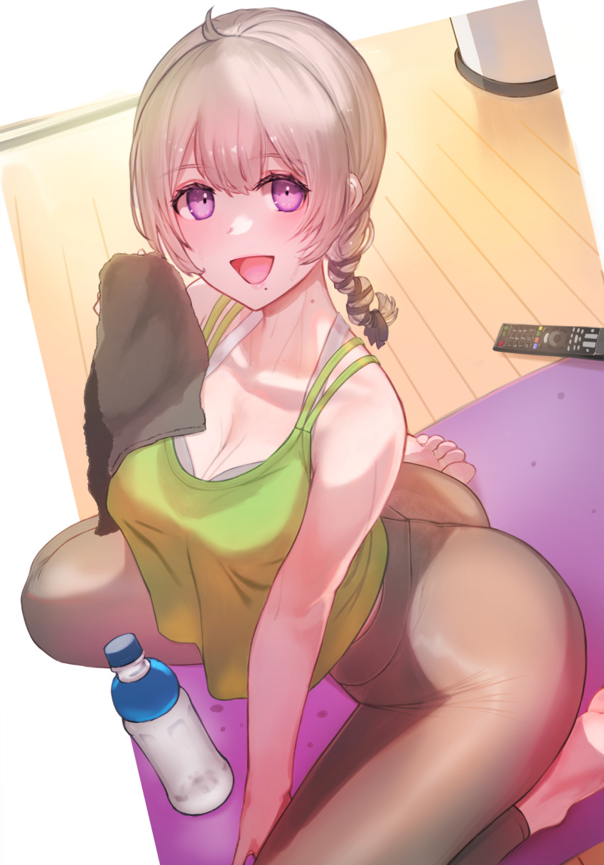 1girl :d ass bangs bare_arms bare_shoulders barefoot between_legs blush bottle bra breasts brown_pants controller dai00888 exercise from_above green_shirt grey_hair hand_between_legs highres holding holding_towel indoors large_breasts long_hair looking_at_viewer mole mole_under_mouth open_mouth original panties pants remote_control see-through shiny shiny_clothes shirt sitting sleeveless sleeveless_shirt smile solo spread_legs sweat taut_clothes taut_pants thong tied_hair towel underwear violet_eyes wariza water_bottle wet wet_clothes wet_shirt wooden_floor yoga_pants