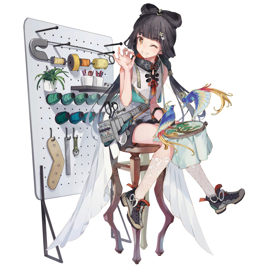 1girl bangs black_hair blunt_bangs dress embroidery_hoop eyebrows_visible_through_hair full_body game_cg girls'_frontline_neural_cloud girls_frontline grin hair_ornament highres holding lace lace_legwear long_hair looking_at_viewer mouth_hold official_art one_eye_closed plant potted_plant qbu-88_(girls'_frontline) safety_pin scissors sewing shoes shorts shuzi sitting smile sneakers solo spool stool tape_measure thread transparent_background twintails white_dress white_legwear yellow_eyes
